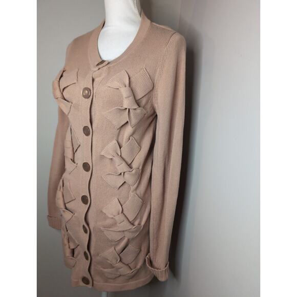 Cottagecore Twelve by Twelve woven bow pastel pink button up cardigan M - Picture 2 of 9